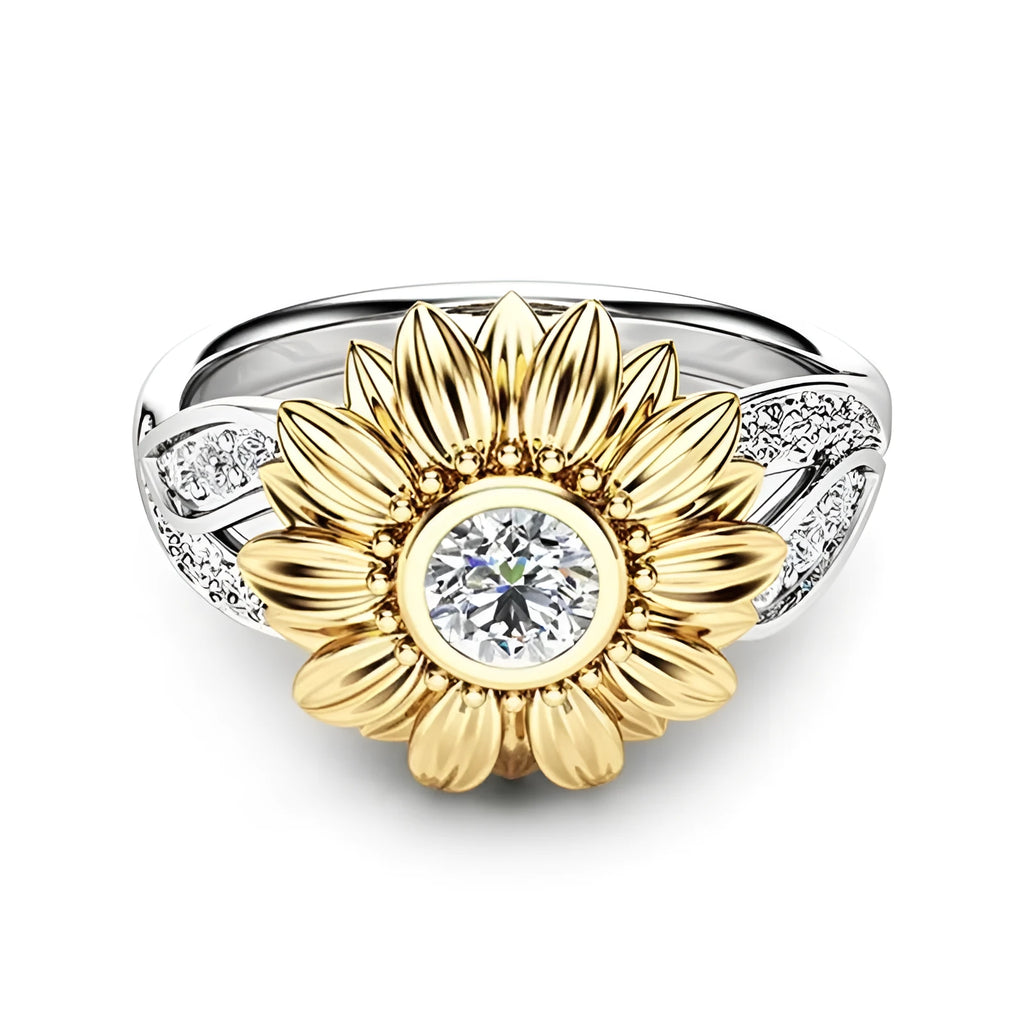 Gold-plated sunflower colour separation zircon crystal couple ring in silver, 15mm width