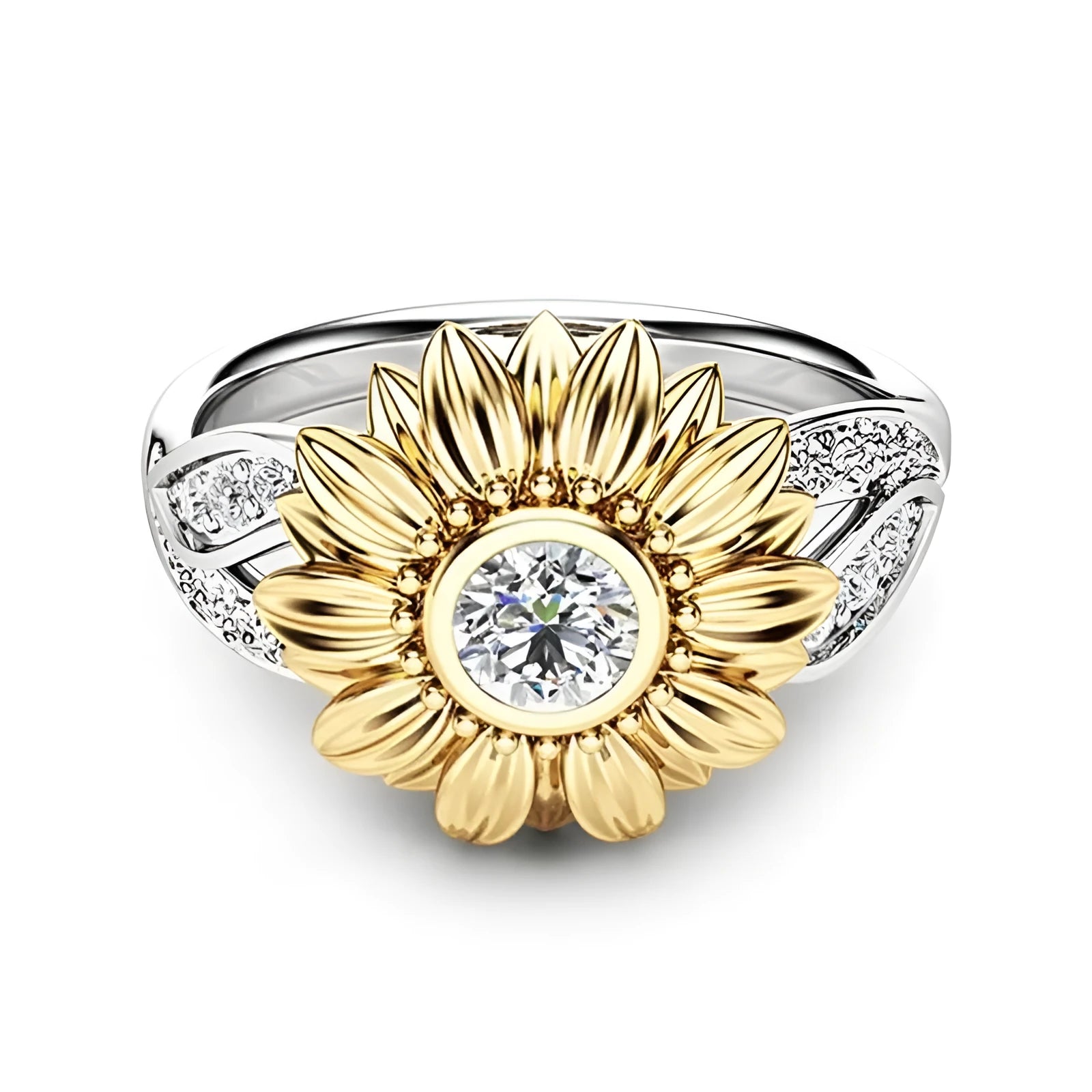 Gold-plated sunflower colour separation zircon crystal couple ring in silver, 15mm width