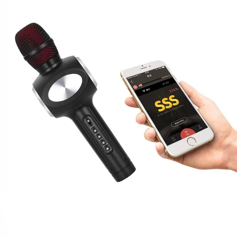 Yaerjia E108 black portable karaoke microphone with built-in speaker and echo effects.