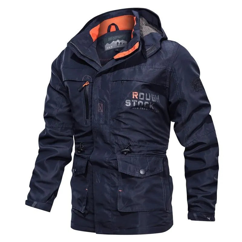Men's casual outdoor hooded plus size jacket in letter print, stand-up collar, zipper front, thin polyester fabric