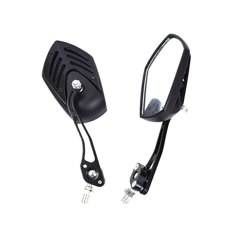 Pair of Ghost Fire motorcycle rearview mirrors, 12cm x 6.7cm clear glass, 13.5cm aluminium stem, ABS housing