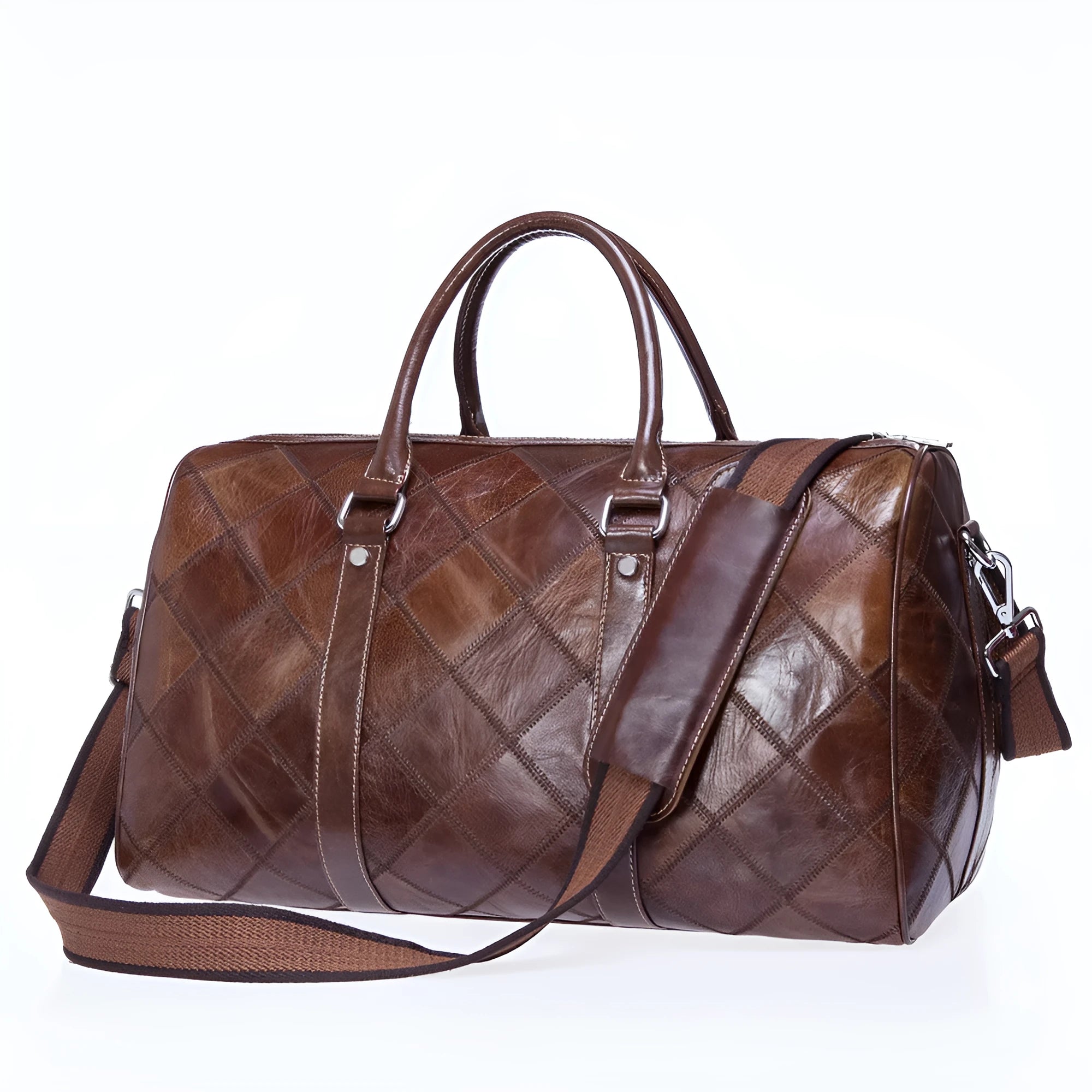 Vintage brown cowhide leather duffel bag with a single strap and internal organiser pockets.