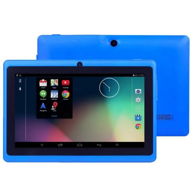 7-inch Android tablet in plastic body, 20.0 cm x 10.0 cm x 5.0 cm, with Wi-Fi, Bluetooth, dual camera, and eight colour options