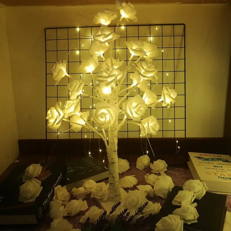 60cm rose tree lamp with 7cm pink and white rose heads and USB battery dual-purpose power