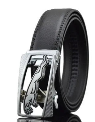 Men's automatic buckle leather belt in cowhide with adjustable length and multiple buckle options