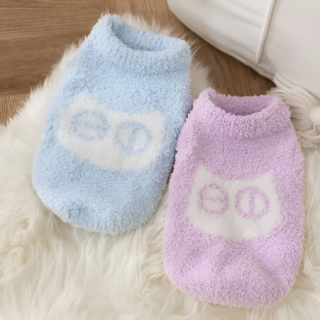 Cute owl face pet sweater in blue and purple, soft plush winter pullover for cats and small dogs, XS S