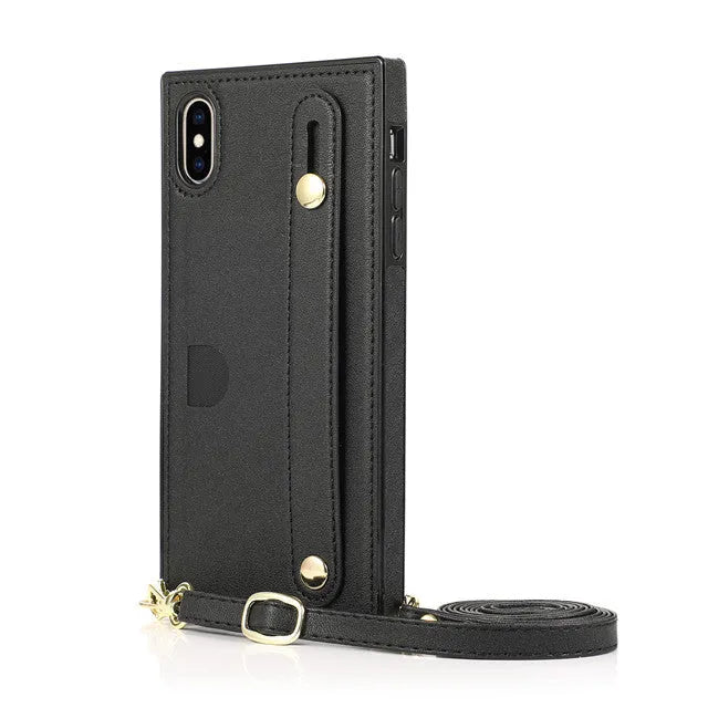 Black leather iPhone case with an attached wristband holster, shown next to a Red and a Rose Gold version.