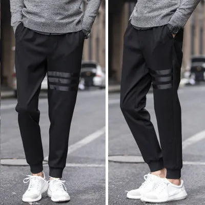 Men's black sweatpants with triple lines, slim fit, drawstring waist, sizes S-5XL