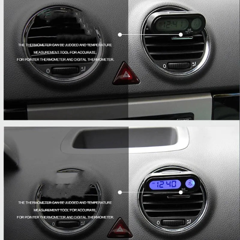 Black electronic car clock and thermometer with LED display on an adjustable bracket.