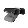 Black car phone holder with 360-degree rotation mounted on vehicle dashboard holding smartphone