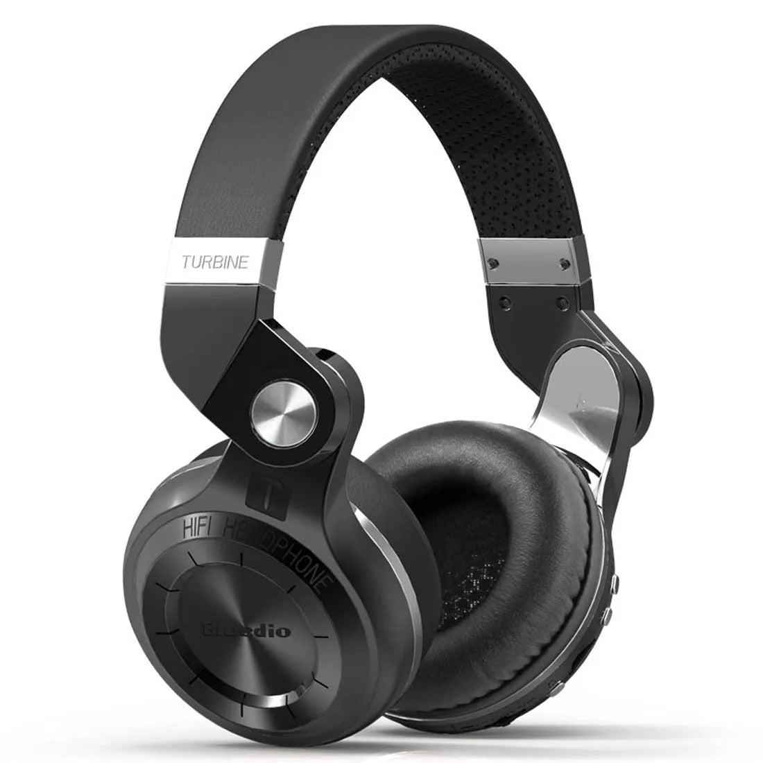 Flat, credit-card sized Bluetooth headset with retractable black earpieces, shown next to a mobile phone.