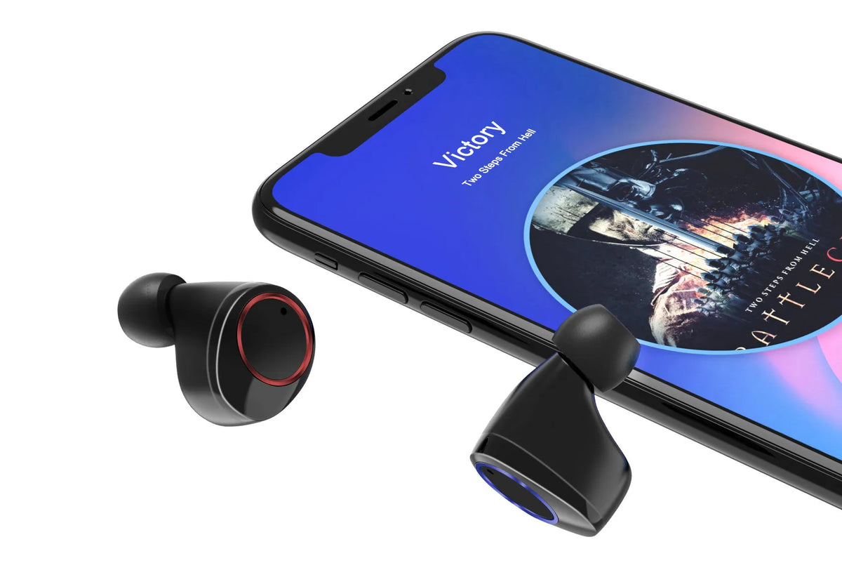 Black X11 wireless Bluetooth earbuds inside their white charging case, with silicone ear sleeves.