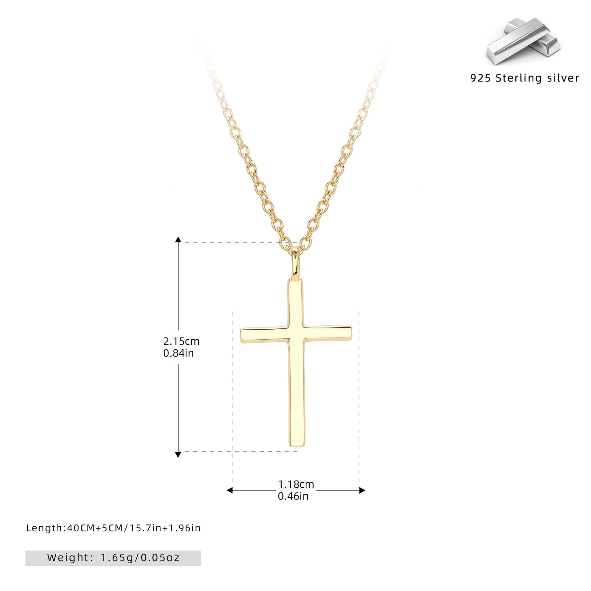 S925 sterling silver necklace with glossy cross pendant on O-shaped chain in gold, platinum or rose gold plating