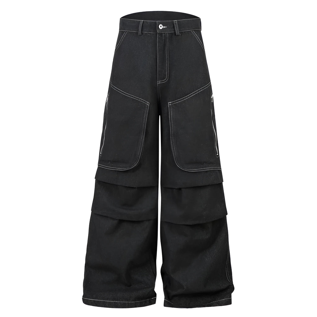 Black pleated work trousers with multiple pockets in cotton denim fabric