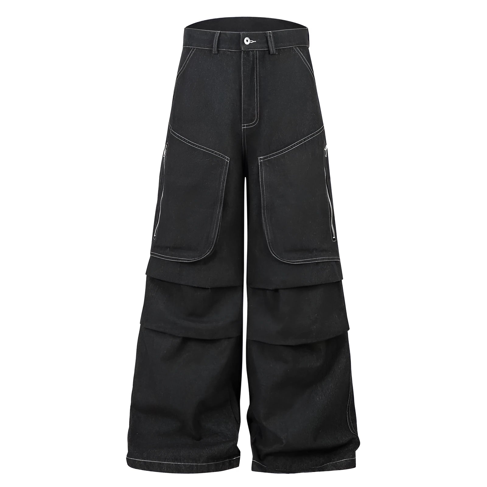 Black pleated work trousers with multiple pockets in cotton denim fabric