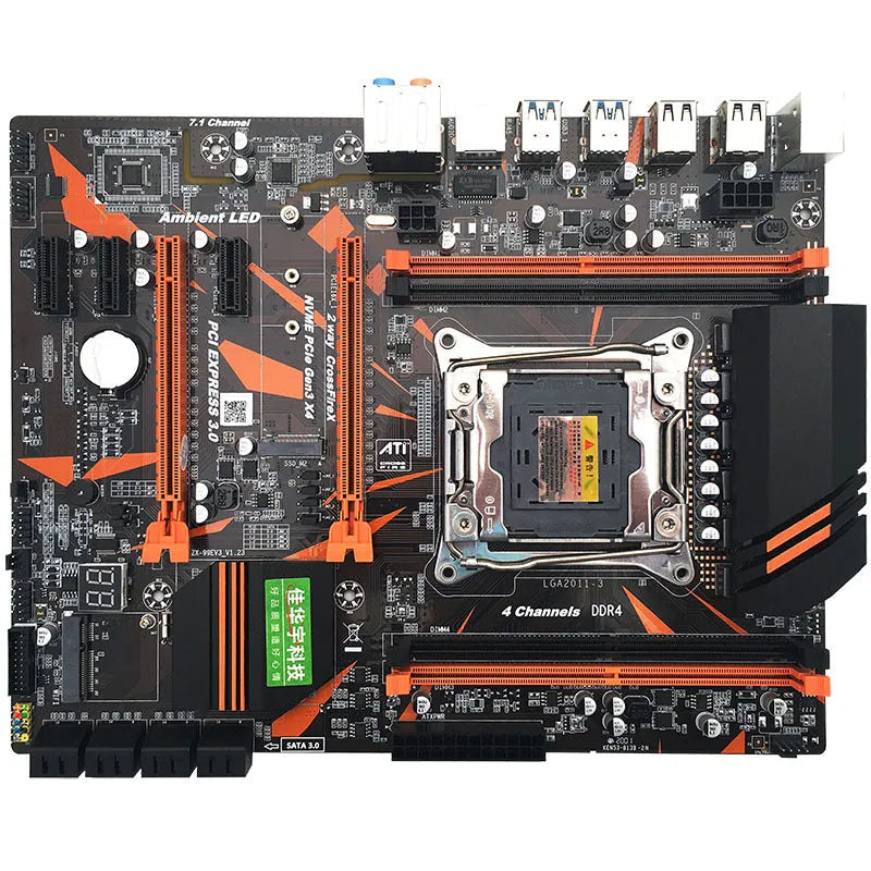 Black X99 motherboard with LGA2011-3 socket, four DDR4 slots, dual PCI-E x16, and multiple expansion ports
