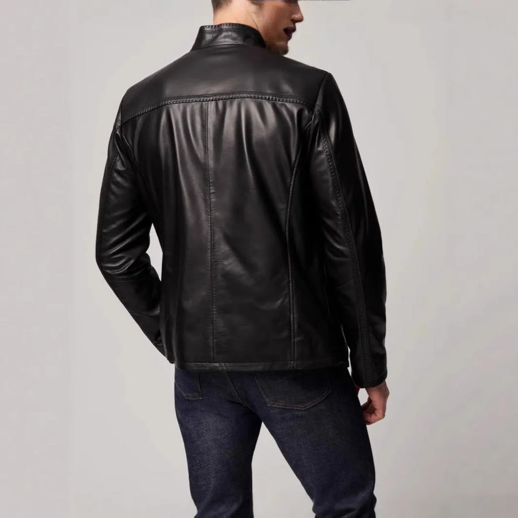 Men's black retro jacket with regular fit, long sleeves, straight hem, and no hood, shown in sizes S to XXXL
