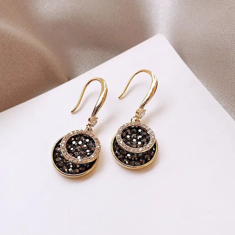 Black geometric round alloy earrings with retro Hong Kong style, 3.6cm length