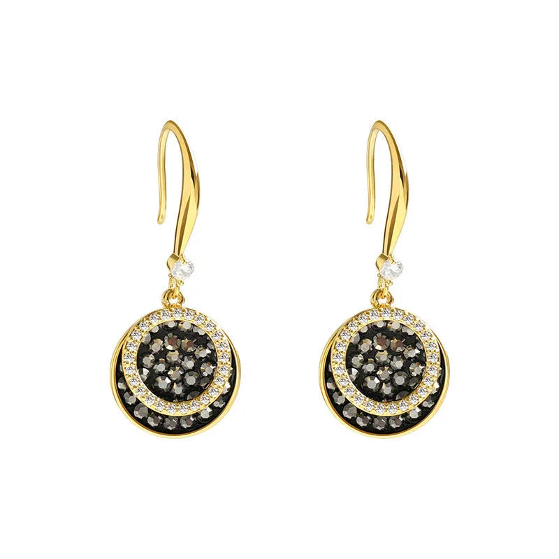 Black geometric round alloy earrings with retro Hong Kong style, 3.6cm length