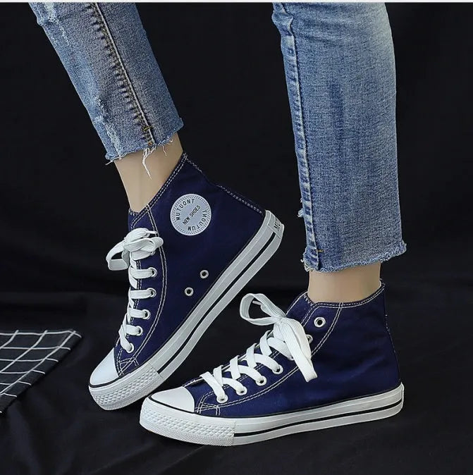 High-top canvas shoes with beef tendon vulcanised sole, front strap, plain design, red black white and dark blue