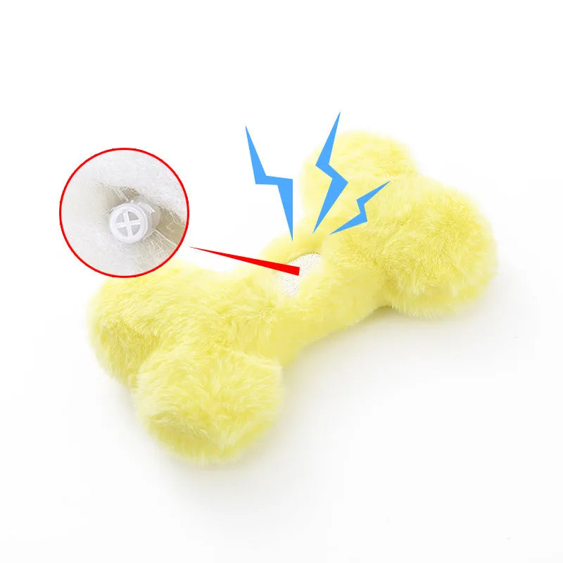 Blue love bone shaped plush dog toy with squeaker on a white background