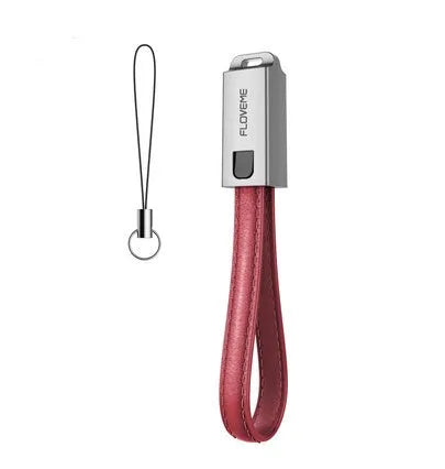 Leather and zinc alloy Lightning charging cable in red colour showing 20cm length with Lightning connector