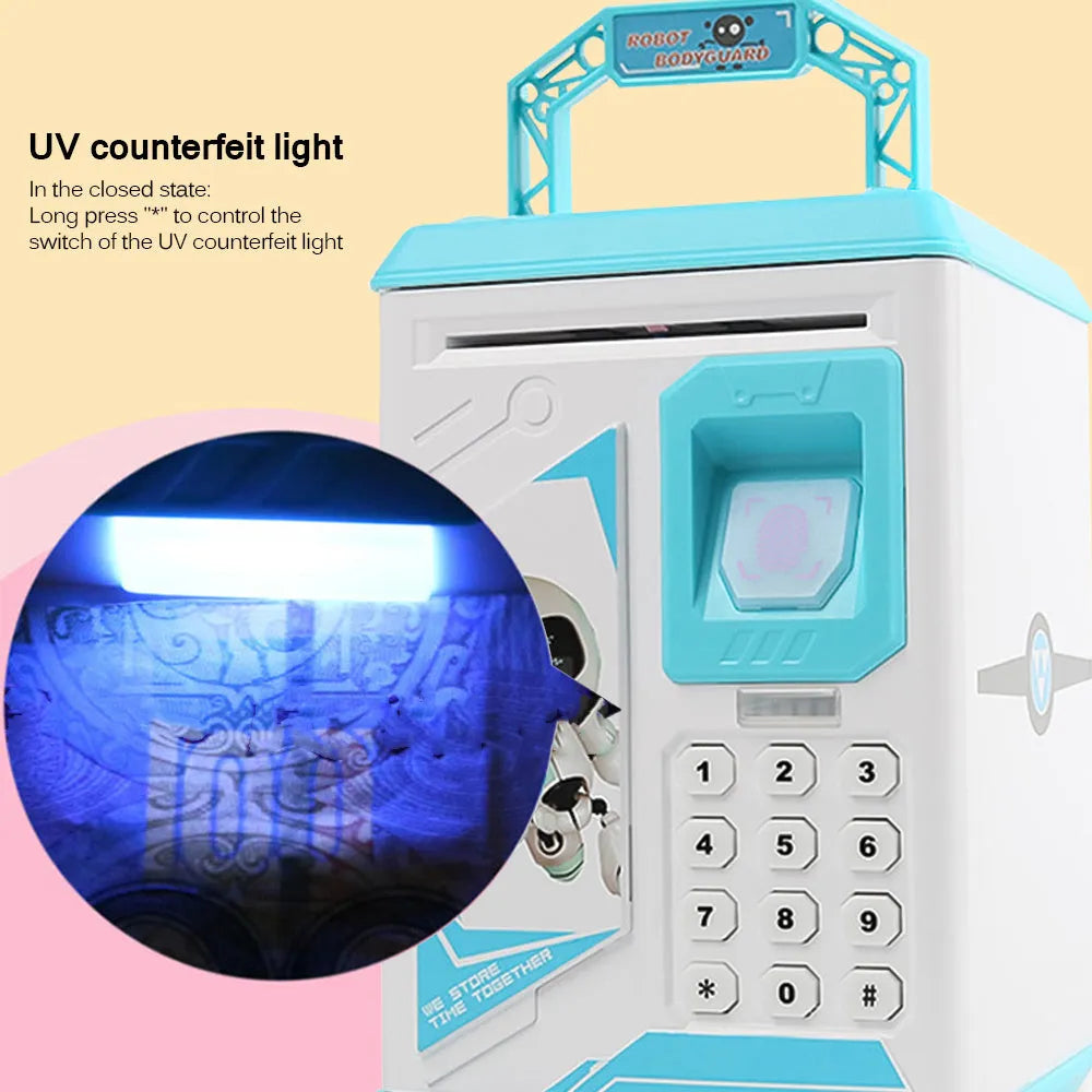 Blue plastic electronic piggy bank with fingerprint scanner and ATM keypad, 13cm height
