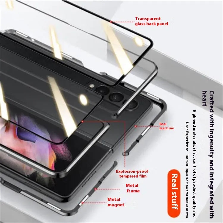 Samsung Z Fold magnetic suction glass phone case in transparent mirror finish with metal body and anti-fingerprint surface.