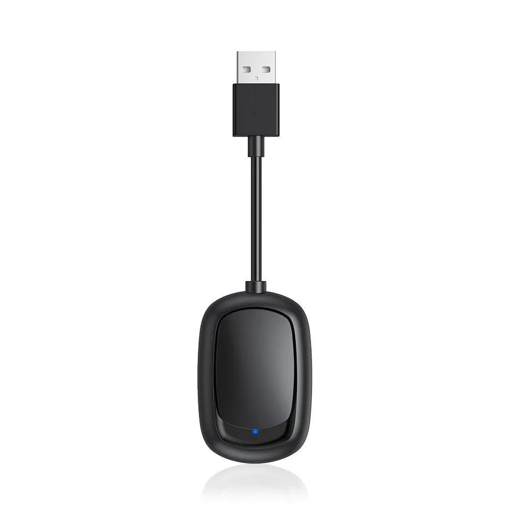 Wireless CarPlay and Android Auto USB adapter box for cars with ABS plastic casing.