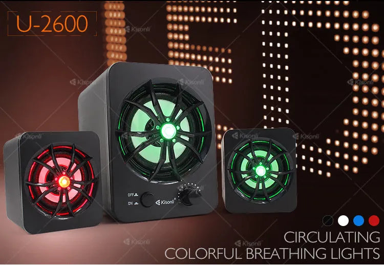 Green USB 2.1 computer speaker with colourful glowing lights and 150 cm cable