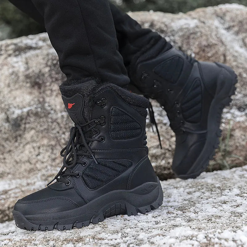Men's snow boots brown waterproof artificial PU upper non-slip rubber sole mid heel winter shoes