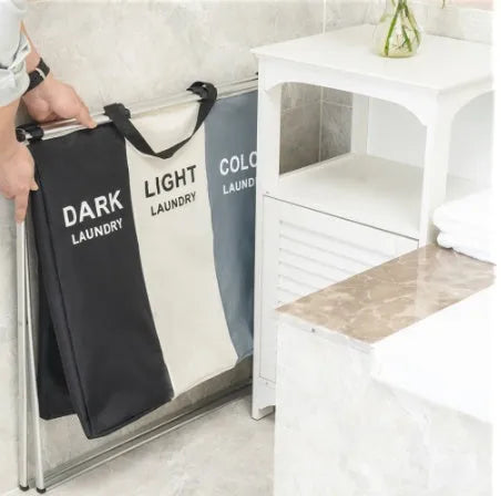 Foldable three-compartment laundry basket in Oxford cloth with aluminium alloy frame, 68 x 38 x 60cm