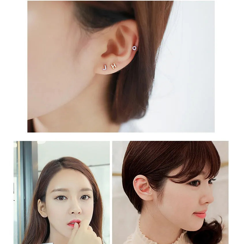 Korean alphabet stud earring with zircon stone, copper body, and 925 sterling silver ear post, single earring