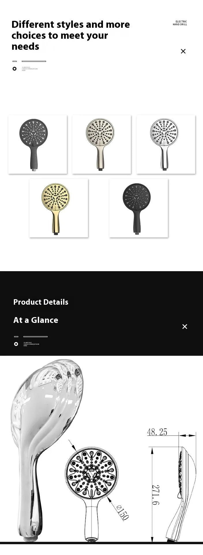 Six-function handheld shower head with electroplated finish and 6-inch diameter.