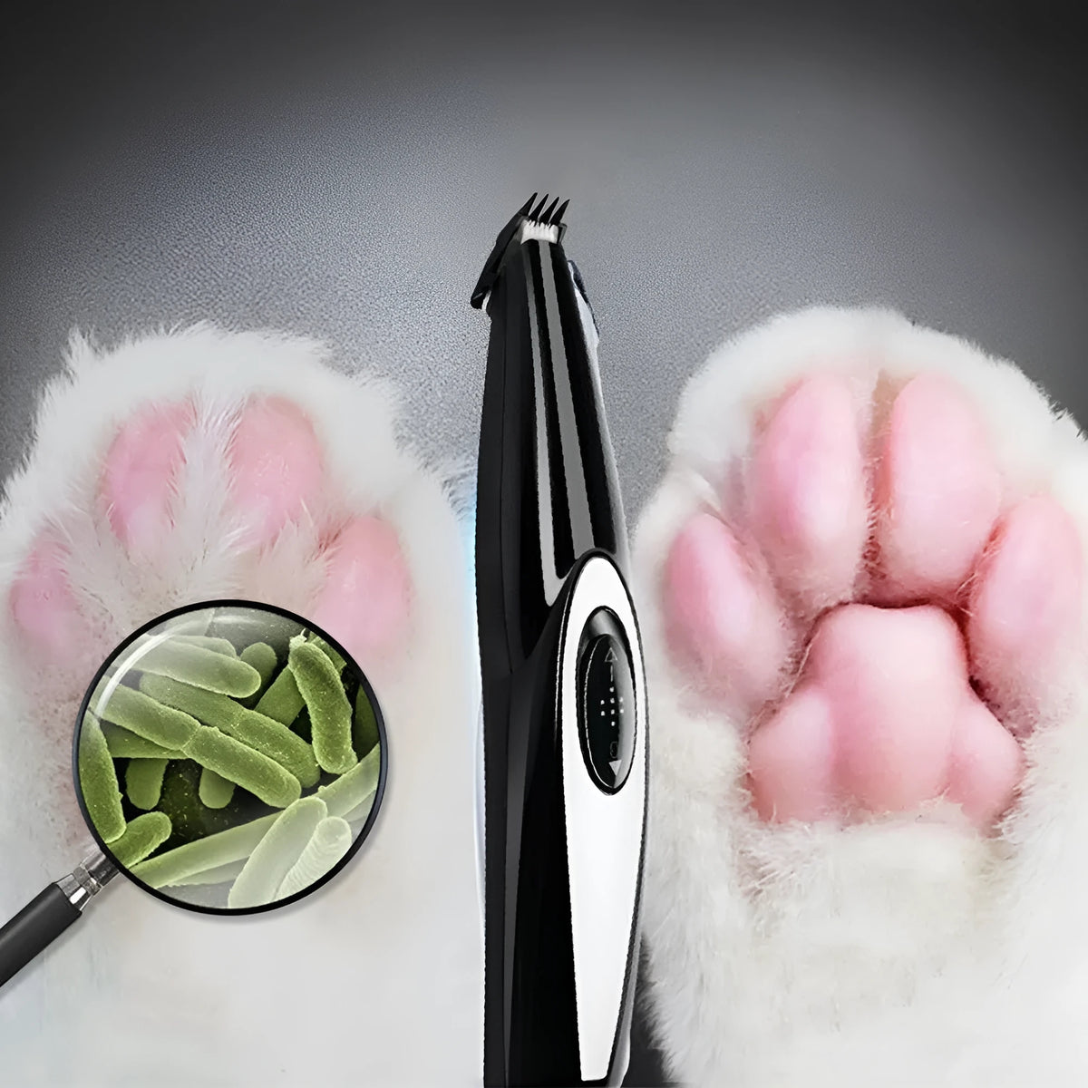 Black pet hair clippers with ceramic blade, ABS plastic body, USB charging, and 300mA current rating