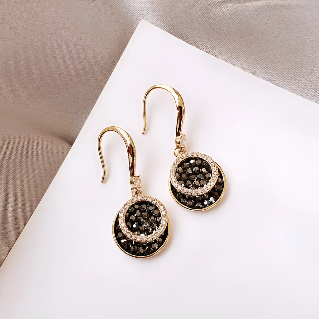 Black geometric round alloy earrings with retro Hong Kong style, 3.6cm length