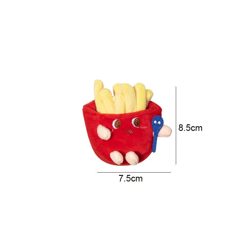 Five soft chew toys for kittens shaped like hamburger, chicken leg, fries, bread, and hot dog