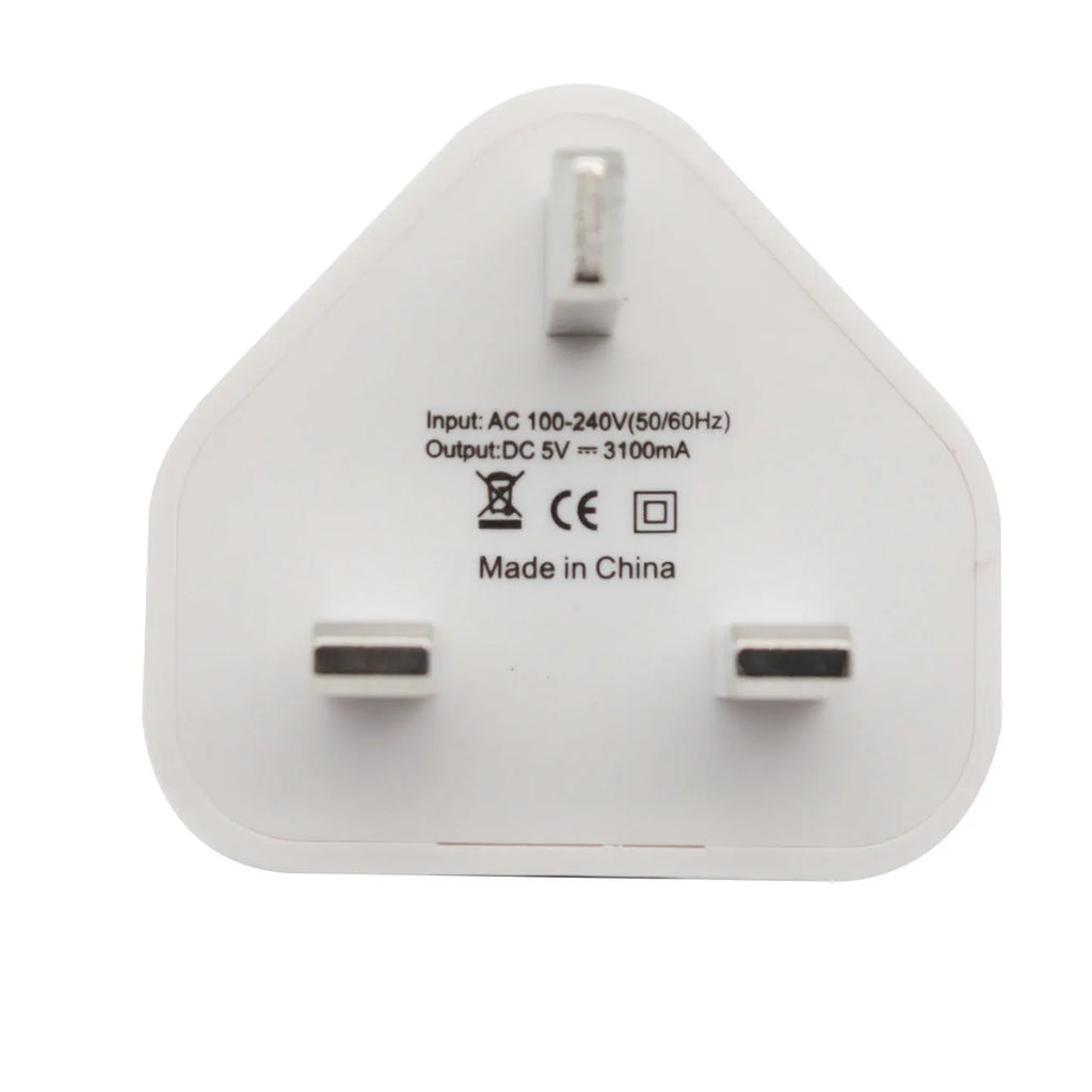 White UK plug USB travel charger with three USB ports, 4.5 cm cube, ABS plastic, for Apple iPhone