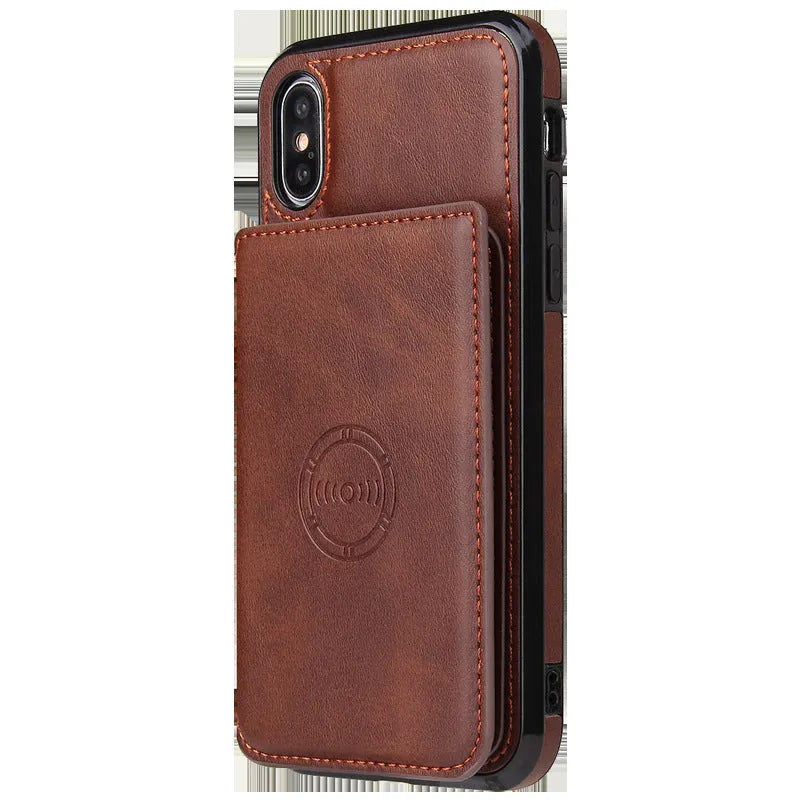 Imitation leather card wallet iPhone case showing card slots and available colour options