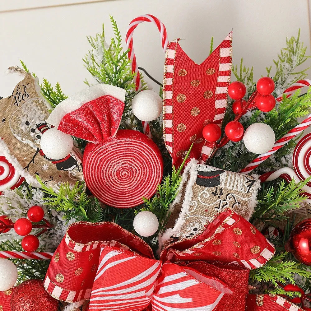 Artificial Christmas wreath with candy and upside-down tree design, 50cm or 60cm, yellow ribbon loops for hanging.