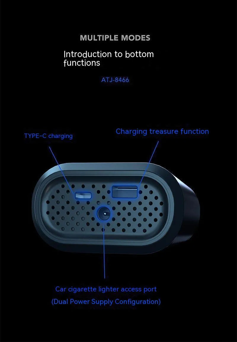 Handheld black digital display wireless car air pump with LED light and nozzle adapters.
