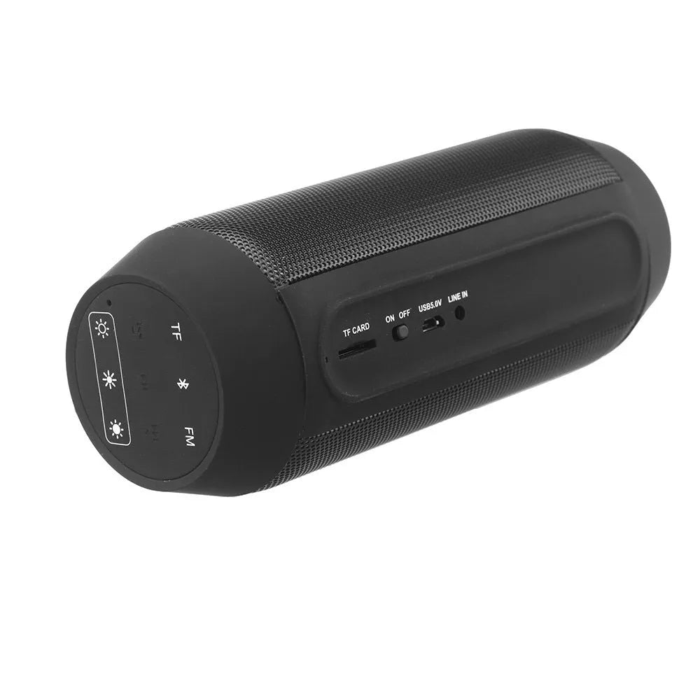 Mini black and white Bluetooth speaker with colourful LED light ring showing 360° sound capability