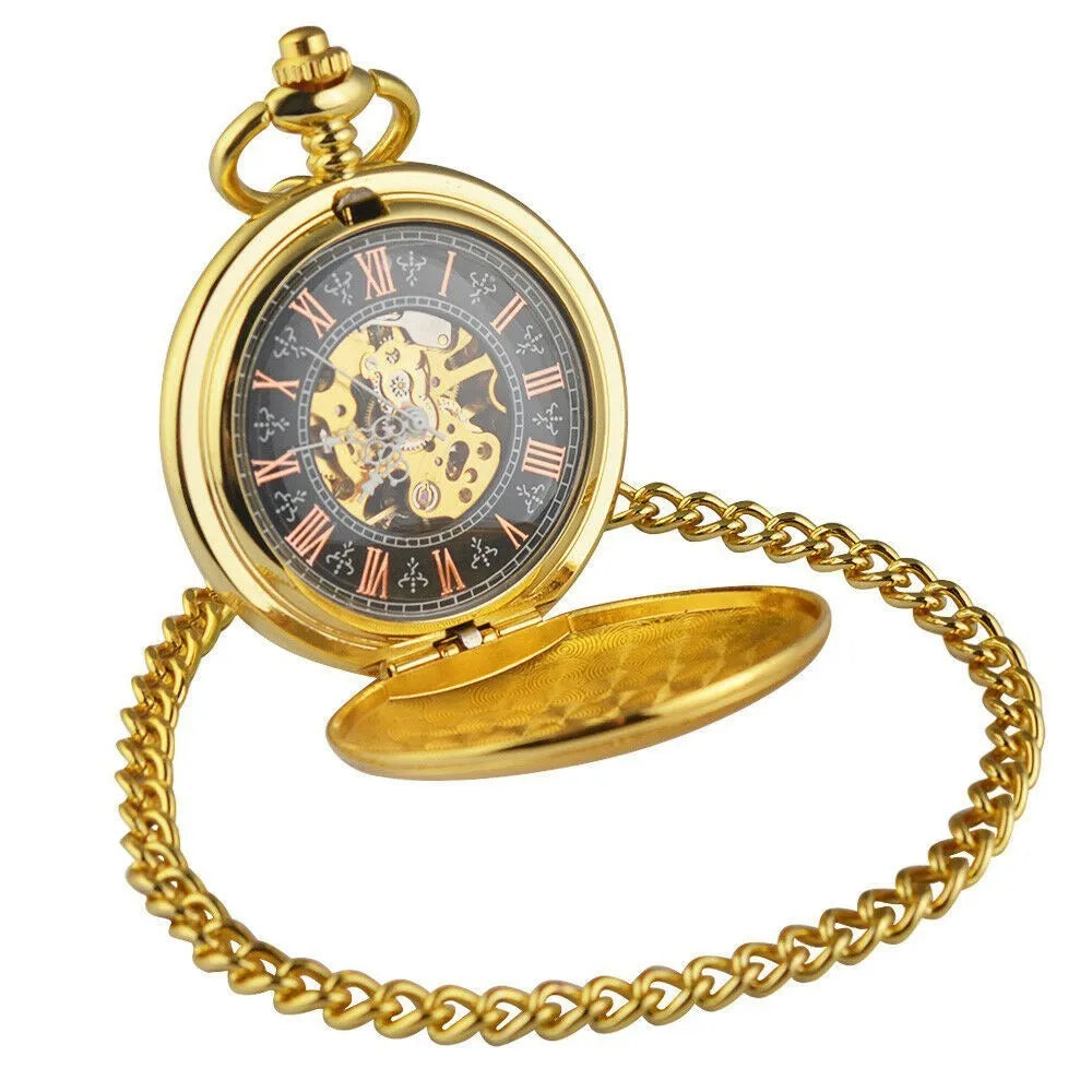 Retro mechanical pocket watch with hollow floral dial and transparent case back in alloy.