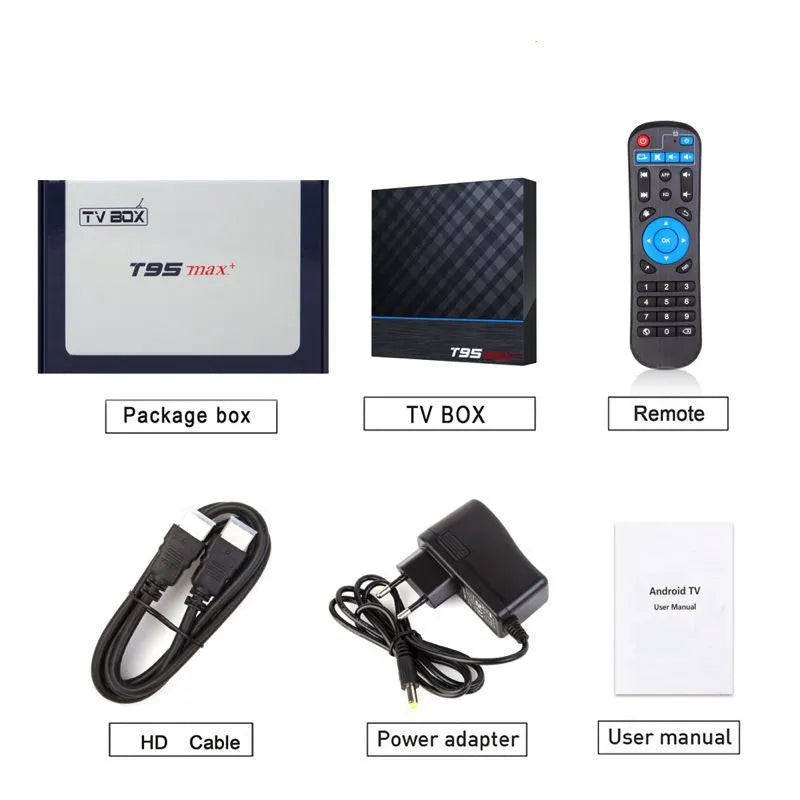 Black T95 Max Plus Android TV Box with Amlogic S905X3 processor, shown with regional power plug options.