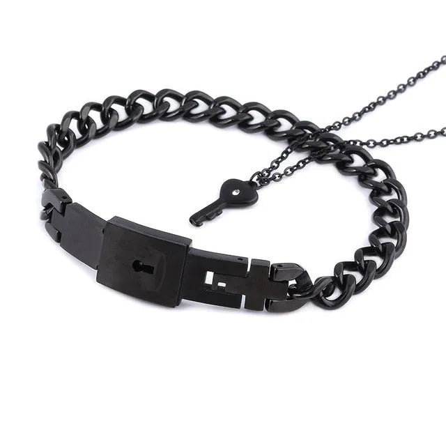 Titanium steel couple love lock bracelet key set necklace in electroplated finish