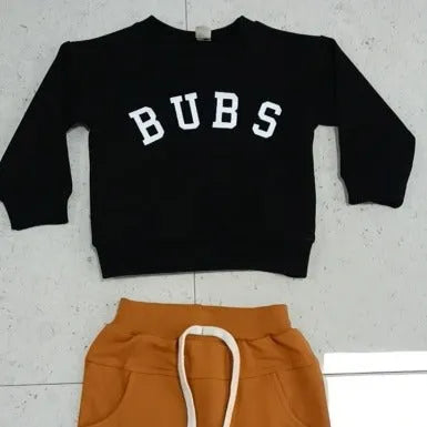Boys' casual BUBS letter print cotton top and trousers set in gray on white background