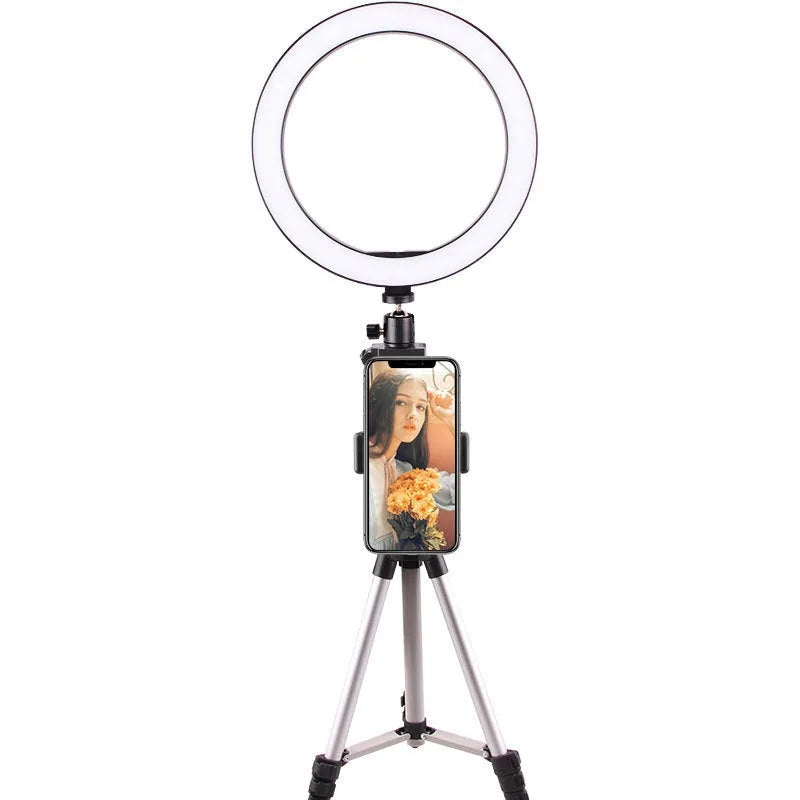 26cm LED ring light on tripod stand with phone clip and Bluetooth remote for smartphone desktop use