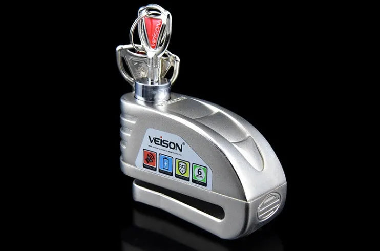 VEISON waterproof alloy disc brake alarm lock with 3 keys in black colour on a white background
