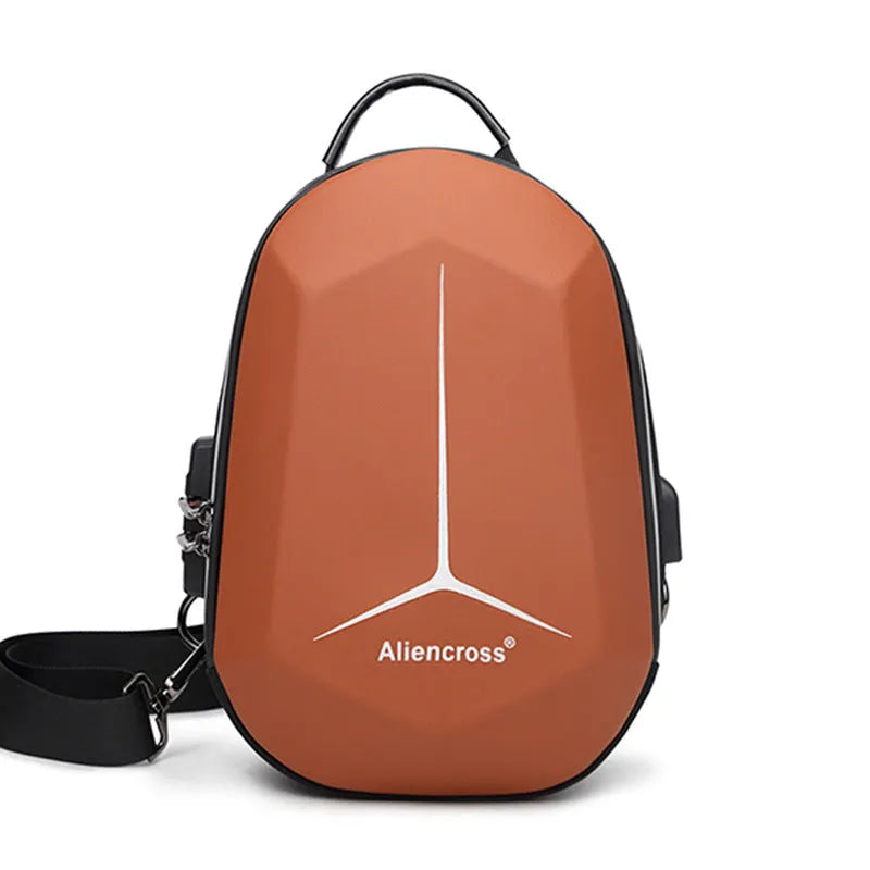 Waterproof Oxford cloth chest bag in black, blue, brown, or rose red, showing front compartment.