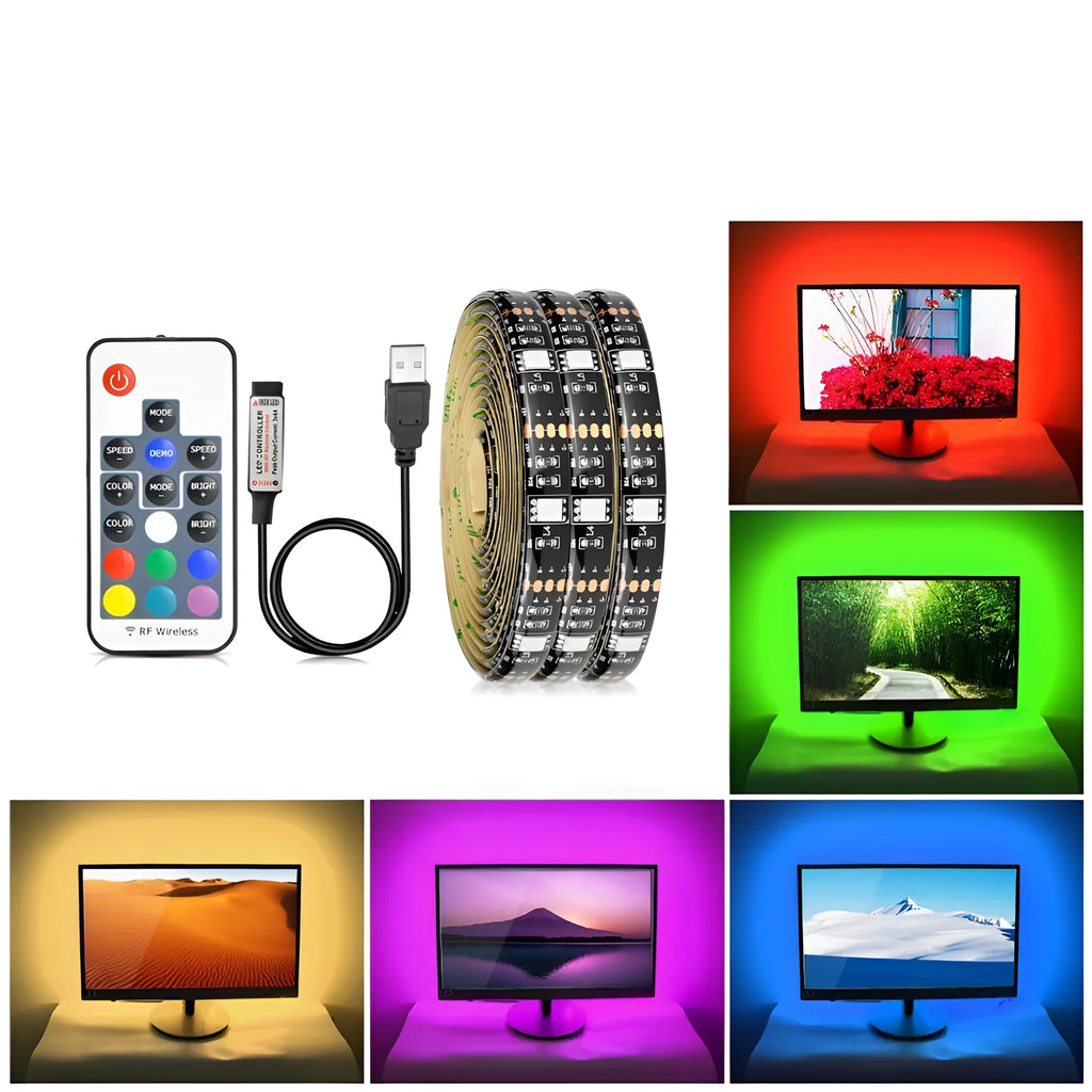 Flexible cuttable LED strip light with 30 beads per metre, bent to show adhesive backing for TV installation.